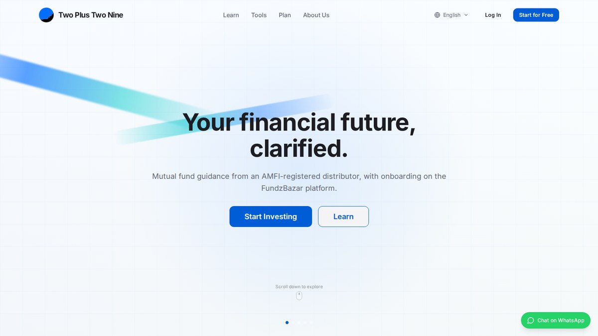 Two Plus Two Nine homepage with the headline “Your financial future, clarified.” and Start Investing and Learn buttons
