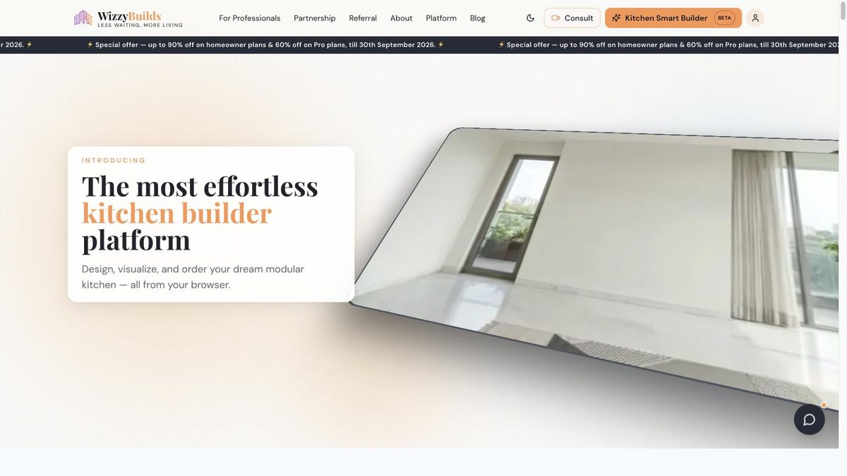 Wizzy Builds homepage introducing “the most effortless kitchen builder platform”